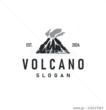 Volcano logo illustration silhouette design volcano mountain erupting with simple rocks and lava 120127567