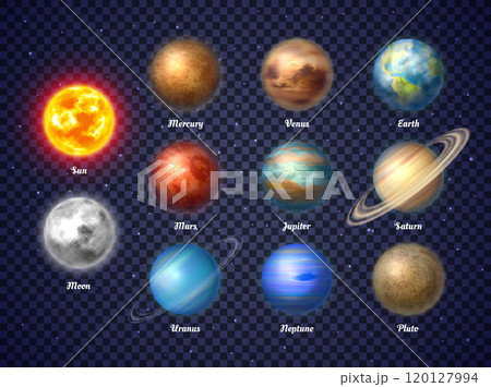 Colorful sun, moon and nine planets illustrations 120127994