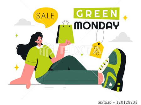 Green Monday Sale Vector Illustration featuring Shoppers Holding Shopping Bags to Highlight Discount Promotions in a Flat Style Cartoon Background Green Monday Sale Vector Illustration featuring Shoppers Holding Shopping Bags to Highlight Discount Promotions in a Flat Style Cartoon Background 120128238