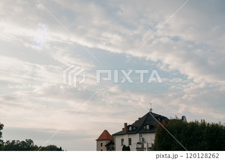 In the distance, there stands a majestic castle beneath a cloudy sky 120128262