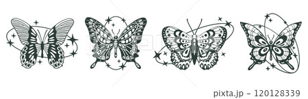 Butterflies silhouettes. Abstract y2k aesthetic insects, butterfly silhouettes with sparkle stars and oval shapes decor flat vector illustration set. Cartoon butterflies on white 120128339