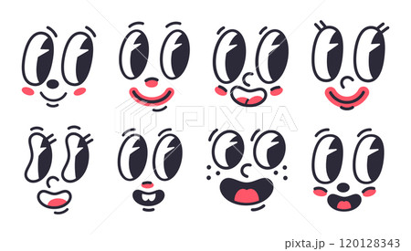 Comic caricature faces. Funny retro mascots, comic book characters with mouths and eyes flat vector illustration set. Cartoon cheerful faces Comic caricature faces. Funny retro mascots, comic book characters with mouths and eyes flat vector illustration set. Cartoon cheerful faces 120128343