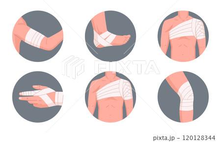 First aid infographic. Cartoon body parts injury medical treatment, wrist, knee and elbow first aid methods flat vector illustration set. Healing bandages poster First aid infographic. Cartoon body parts injury medical treatment, wrist, knee and elbow first aid methods flat vector illustration set. Healing bandages poster 120128344