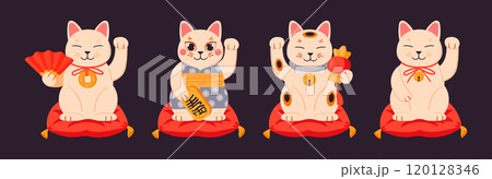 Fortune cats. Cute traditional Japanese lucky cats, asian maneki neko fortune cat toys flat vector illustration set. Cartoon maneki neko on pillows 120128346