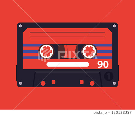 Retro music cassette poster. Audio tape backdrop pop culture song tape design flat vector background illustration. Cartoon old school music audio tape 120128357