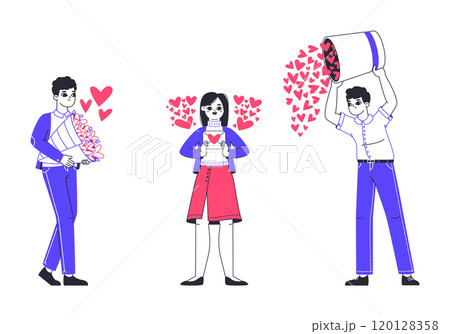 Romantic people. Cheerful characters with hearts, Valentines day love sharing, romantic people giving hearts to beloved ones flat vector illustration set. People in love on white Romantic people. Cheerful characters with hearts, Valentines day love sharing, romantic people giving hearts to beloved ones flat vector illustration set. People in love on white 120128358