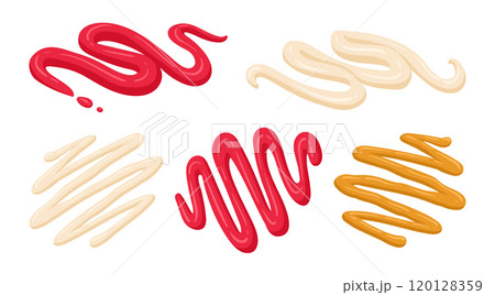 Sauce stains. Ketchup, mayo and mustard dip, fast food dressing sauce flat vector illustration set. Cartoon junk food sauces Sauce stains. Ketchup, mayo and mustard dip, fast food dressing sauce flat vector illustration set. Cartoon junk food sauces 120128359