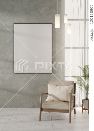 A modern loft living room features the cement wall with a blank picture frame mockup. 120128900