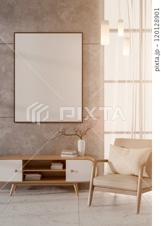 A minimalist loft living room features an armchair by the cement wall with a picture frame mockup. 120128901