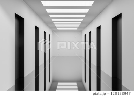 A futuristic, modern white hallway corridor features bright ceiling lights and black tile flooring. 120128947