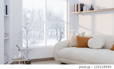 A modern living room features a sofa by the window, offering a winter view and stylish home decor. 120128949