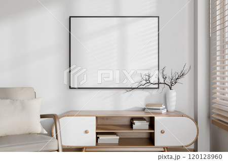 A contemporary minimalist living room features a blank frame mockup on a white wall and decor. 120128960