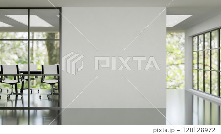 A modern minimalist company corridor features a meeting room and a blank white wall. A modern minimalist company corridor features a meeting room and a blank white wall. 120128972