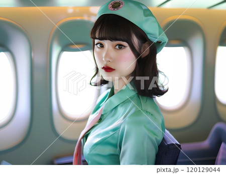 空の旅の安全を守る、凛とした制服姿のアジア人キャビンアテンダント 120129044