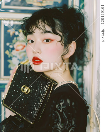 トレンドのブランドバッグを持つファッショナブルなアジア人女性 トレンドのブランドバッグを持つファッショナブルなアジア人女性 120129161