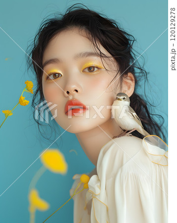 自然と共鳴する瞬間、小鳥とアジア人女性のファッションポートレート 120129278