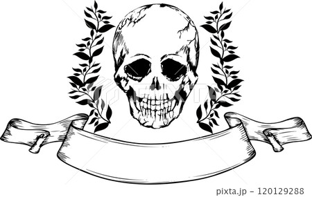 ドクロとバナーのビンテージ・レトロフレーム素材 120129288