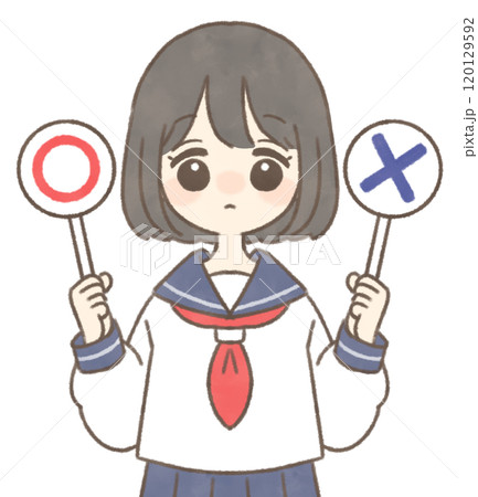 〇と×印の札を持つ女の子　学生 120129592