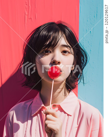 キャンディを持ったアジア人女性のファッションフォト 120129617
