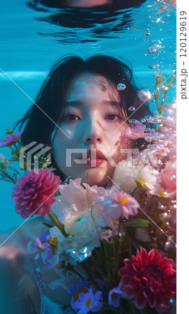 水中の花園に包まれたアジア人女性 120129619