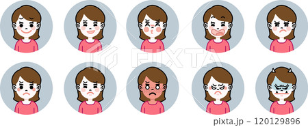 一般的な女性の表情アイコンセット（おふざけ・怒り） 120129896