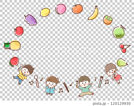 Fruits and children's fun circular frame_hand drawn 120129930