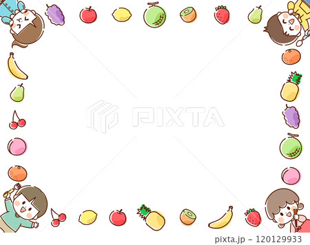 果物と子供の四角いフレーム2_手描き 120129933