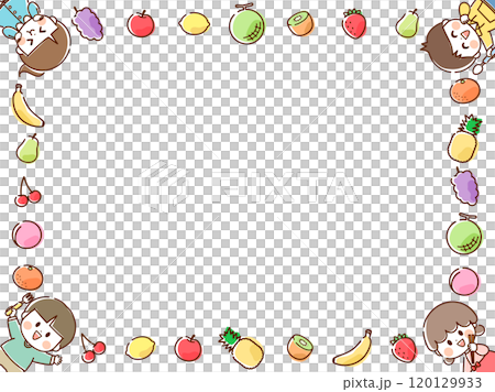 果物と子供の四角いフレーム2_手描き 120129933