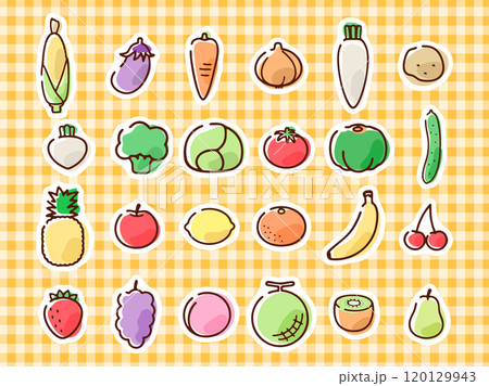 野菜と果物のステッカー風セット_手描き 野菜と果物のステッカー風セット_手描き 120129943