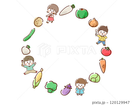 野菜と子供の円形フレーム_手描き 120129947