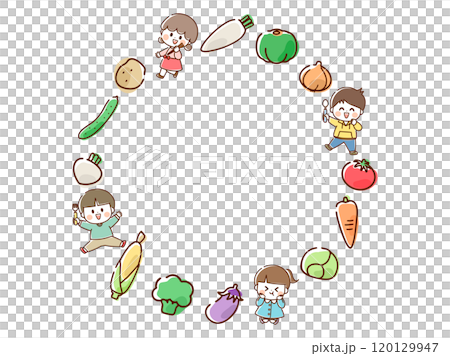 Vegetables and children circular frame_hand drawn Vegetables and children circular frame_hand drawn 120129947