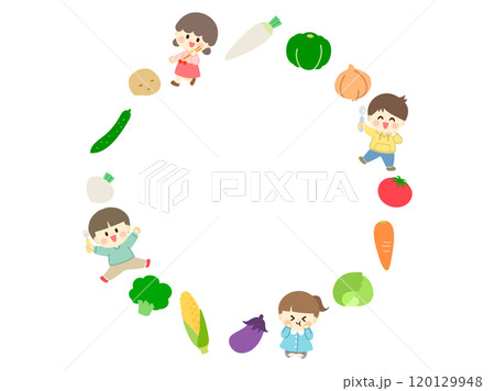 野菜と子供の円形フレーム_フラットデザイン 野菜と子供の円形フレーム_フラットデザイン 120129948