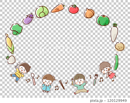 Fun circular frame of vegetables and children_hand drawn 120129949