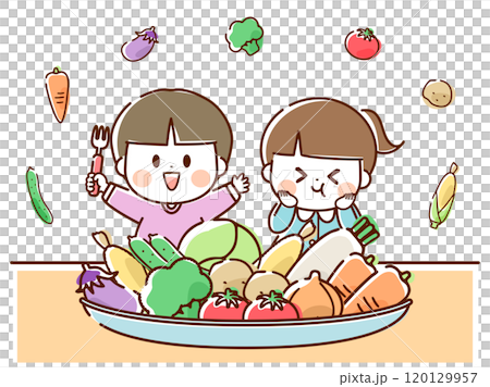 Children happy with vegetable plate_hand-drawn 120129957