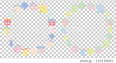 Silhouettes of houses and trees arranged vertically in a circle (baby colors) 120130081