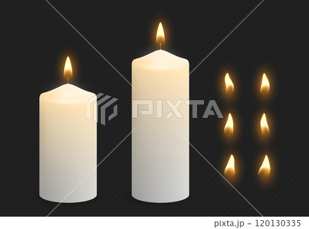 Wax candles with glowing light and flame variations. 120130335