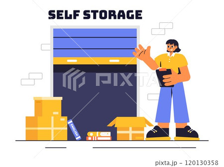 Vector Illustration of a Self Storage Unit with Cardboard Boxes Filled with Unused Items in a Mini Warehouse or Rental Garage with a Background 120130358