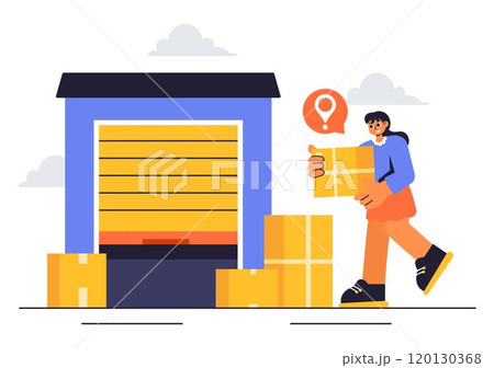 Vector Illustration of a Self Storage Unit with Cardboard Boxes Filled with Unused Items in a Mini Warehouse or Rental Garage with a Background 120130368