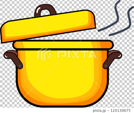 Cartoon illustration of a yellow cooking pot. 120130675