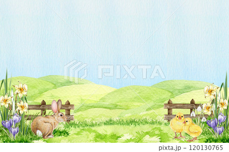 Spring season landscape background. Green grass, blooming flowers, farm animals hand drawn watercolor illustration. Background for Easter decor, seasonal cards, farm and nature countryside designs Spring season landscape background. Green grass, blooming flowers, farm animals hand drawn watercolor illustration. Background for Easter decor, seasonal cards, farm and nature countryside designs 120130765