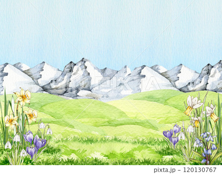 Spring time landscape background. Green grass, blooming flowers , mountain range hand drawn watercolor illustration. Background for Easter decor, seasonal cards and nature countryside designs 120130767