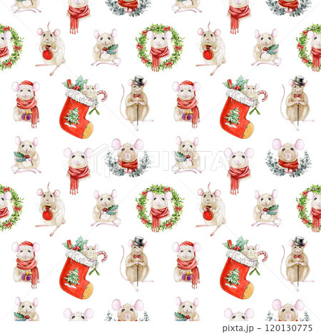 Christmas seamless pattern with hand drawn watercolor cute mice, festive decor, wreaths and gifts in vintage style. Perfect for holiday projects, Christmas decor and seasonal gift wrap designs Christmas seamless pattern with hand drawn watercolor cute mice, festive decor, wreaths and gifts in vintage style. Perfect for holiday projects, Christmas decor and seasonal gift wrap designs 120130775