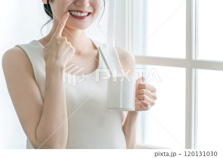 口元を指さす女性(歯磨き・ホワイトニング・歯列矯正) 口元を指さす女性(歯磨き・ホワイトニング・歯列矯正) 120131030