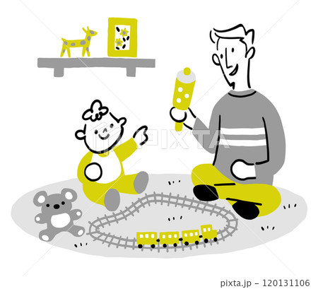 リビングで赤ちゃんと遊ぶお父さん　イクメン　電車のおもちゃ　育児休暇 120131106