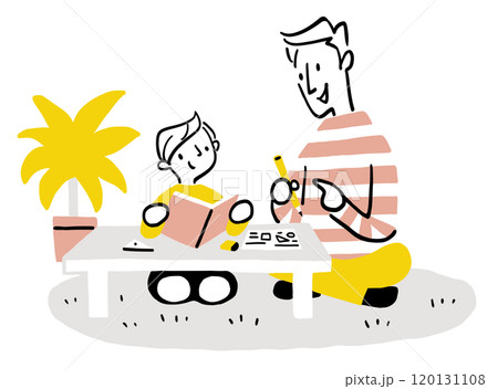 リビングのテーブルで勉強する親子 イクメン リビングのテーブルで勉強する親子 イクメン 120131108