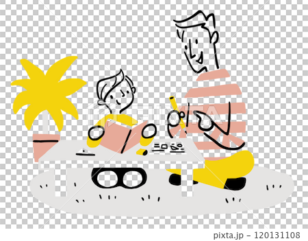 リビングのテーブルで勉強する親子 イクメン リビングのテーブルで勉強する親子 イクメン 120131108