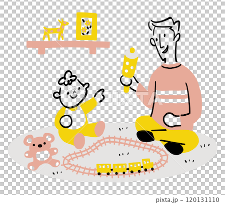 Father playing with baby in the living room, Ikumen, toy train, parental leave 120131110