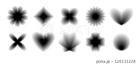 Black smooth blurred gradient form set. Grunge goth blurry aura shape collection. Fading abstract elements for poster, template, badge, sticker, collage. Vector flower, star, wave and heart pack 120131228