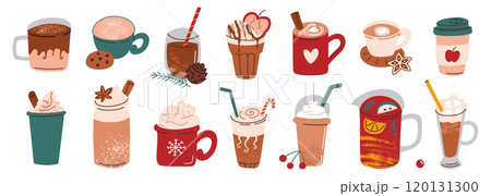 Vector illustration set of cozy winter drinks in cups and mugs, coffee with whipped cream, candy cane, cinnamon, and anise. Hot chocolate, mulled wine for festive Christmas mood in flat cartoon style 120131300