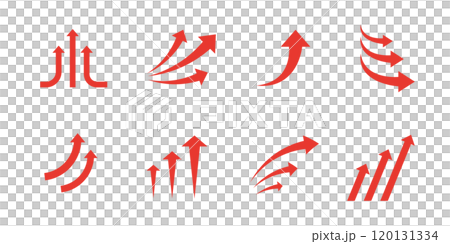 紅色箭頭的向量插圖集。表示上升、跳躍、成長、向上移動和動力方向的影像。 120131334